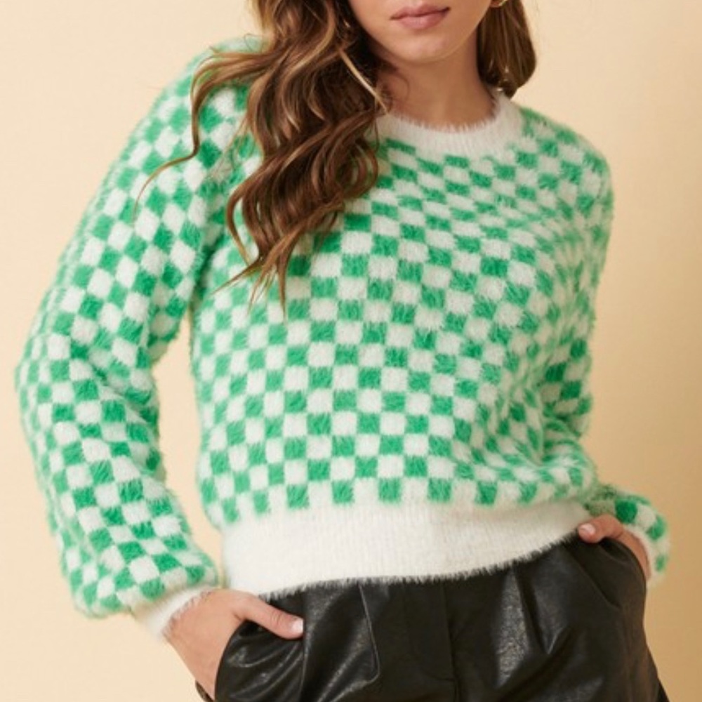 Green and white checkered fuzzy sweater